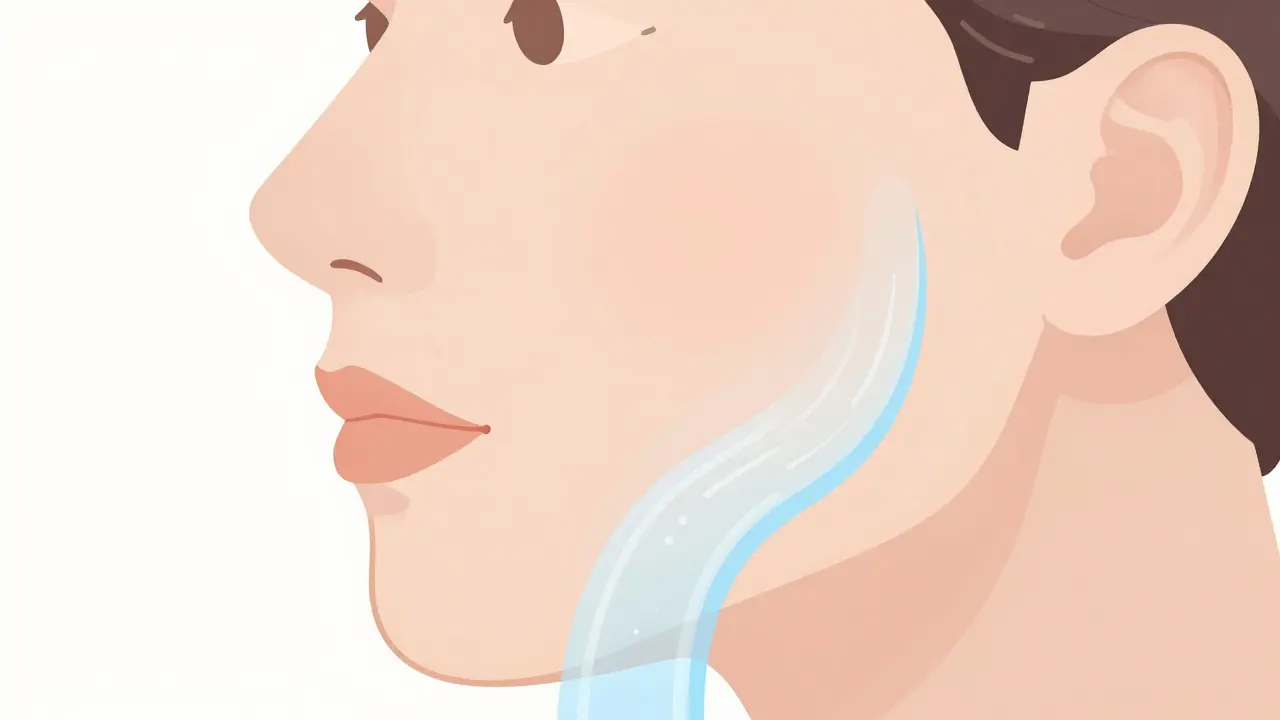 Профиль лица с визуализацией гиалуроновой кислоты, восстанавливающей объем щек и губ.