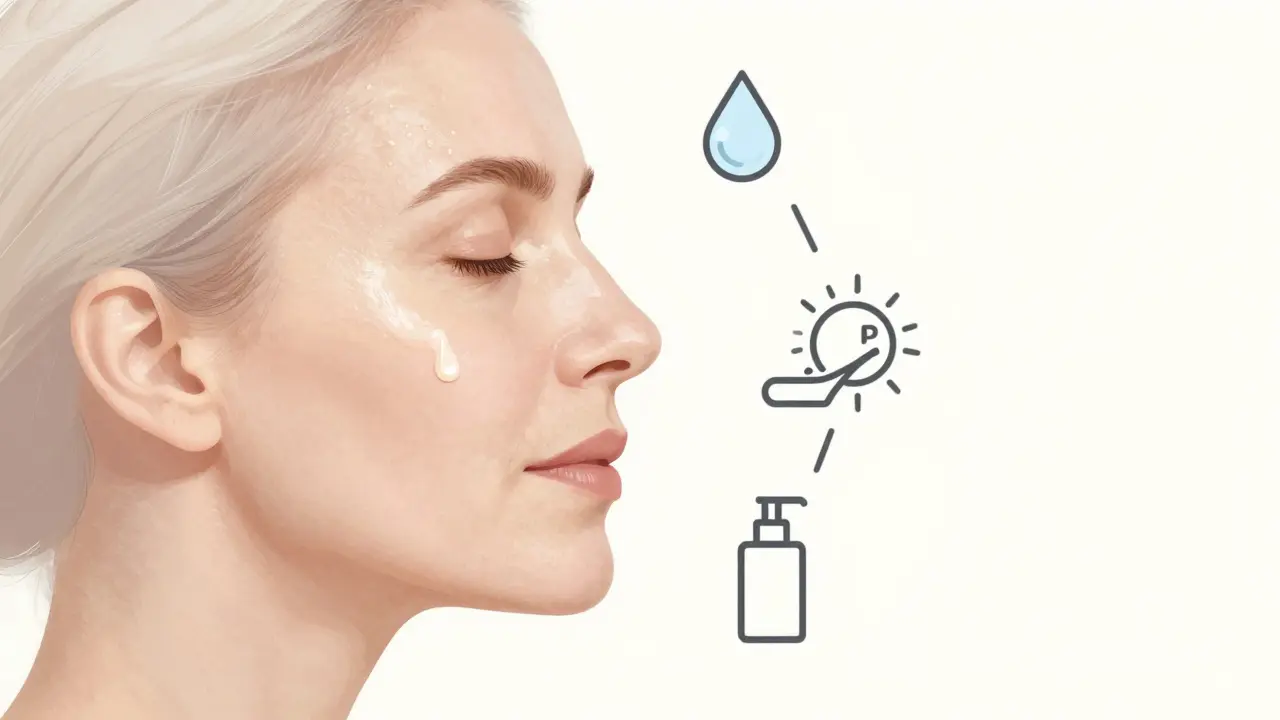 Профиль женщины с легким хайлайтером и символами ухода за кожей без пудры.