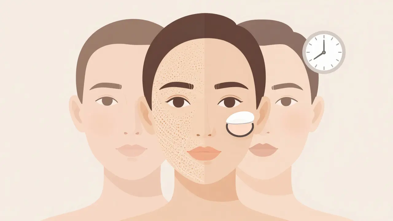 Прозрачные слои кожи: чистая кожа, праймер и тональный крем, с легким слоем пудры сверху.