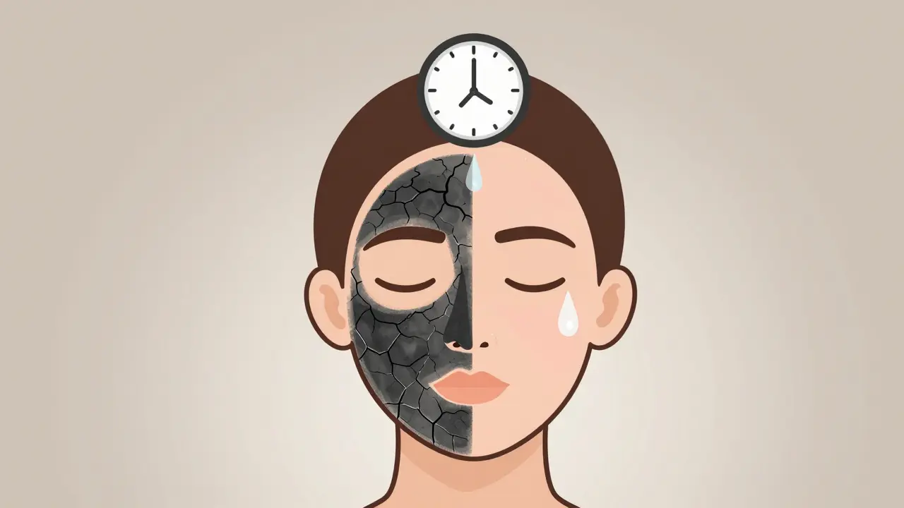 Разделенное лицо: одна половина сухая и шелушащаяся, другая — увлажненная и гладкая, рядом часы показывают 7 минут.