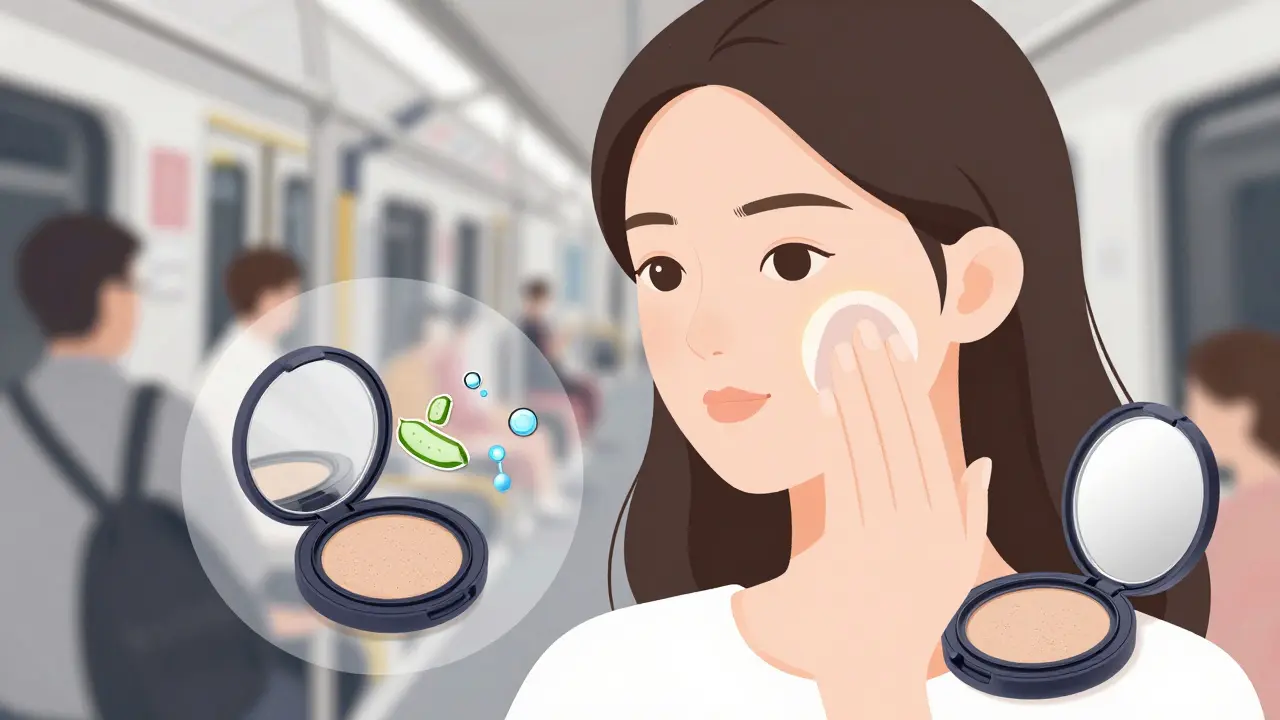 Рука наносит кушон на щеку в метро, кожа светится, видны молекулы увлажнения.