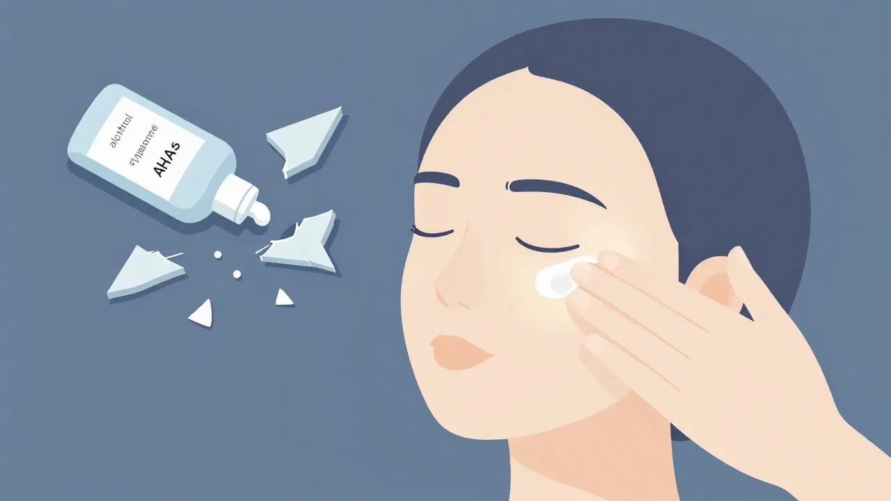 Рука наносит увлажняющий крем с тремя ингредиентами, разбитые бутылки с раздражителями на заднем плане.