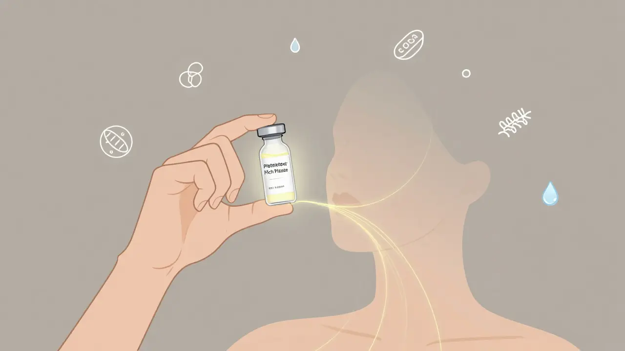 Рука с плазмой, из которой исходят золотые нити, стимулирующие омоложение кожи лица и шеи.