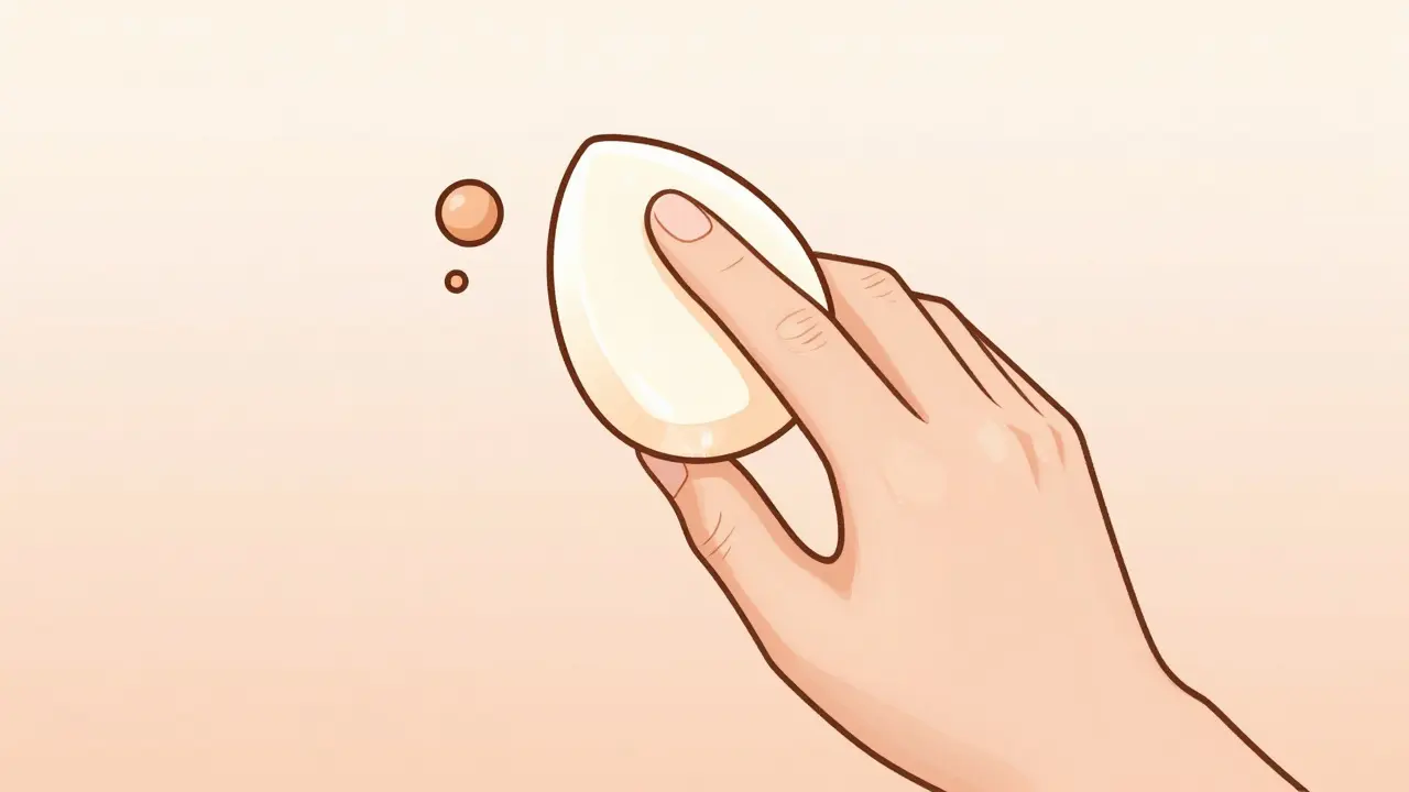 Рука с влажным спонжем равномерно распределяет тональный крем по лицу без полос.