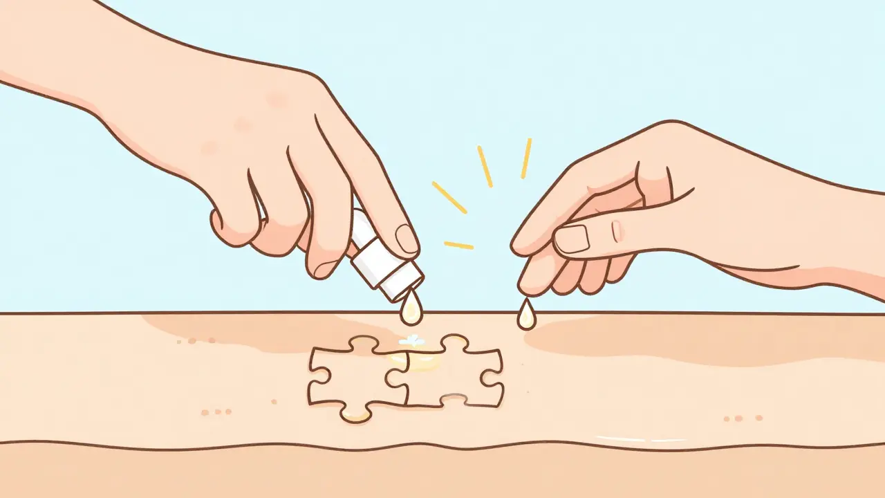 Руки наносят сквалан на влажную кожу, восстанавливая липидный барьер