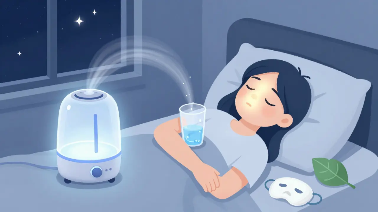 Спящий человек с увлажнителем воздуха и потоком влаги на коже.