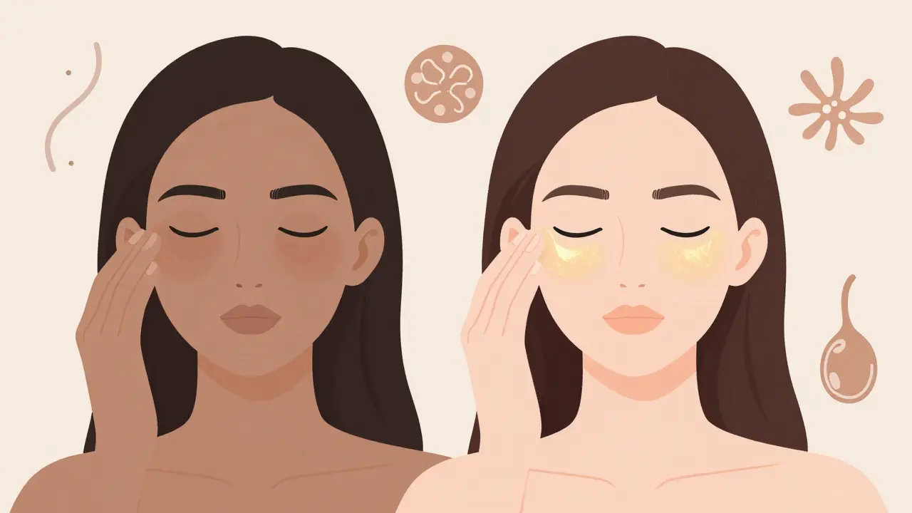 Сравнение до и после мезотерапии: тёмные круги и отёчность превращаются в сияющую, увлажнённую кожу.