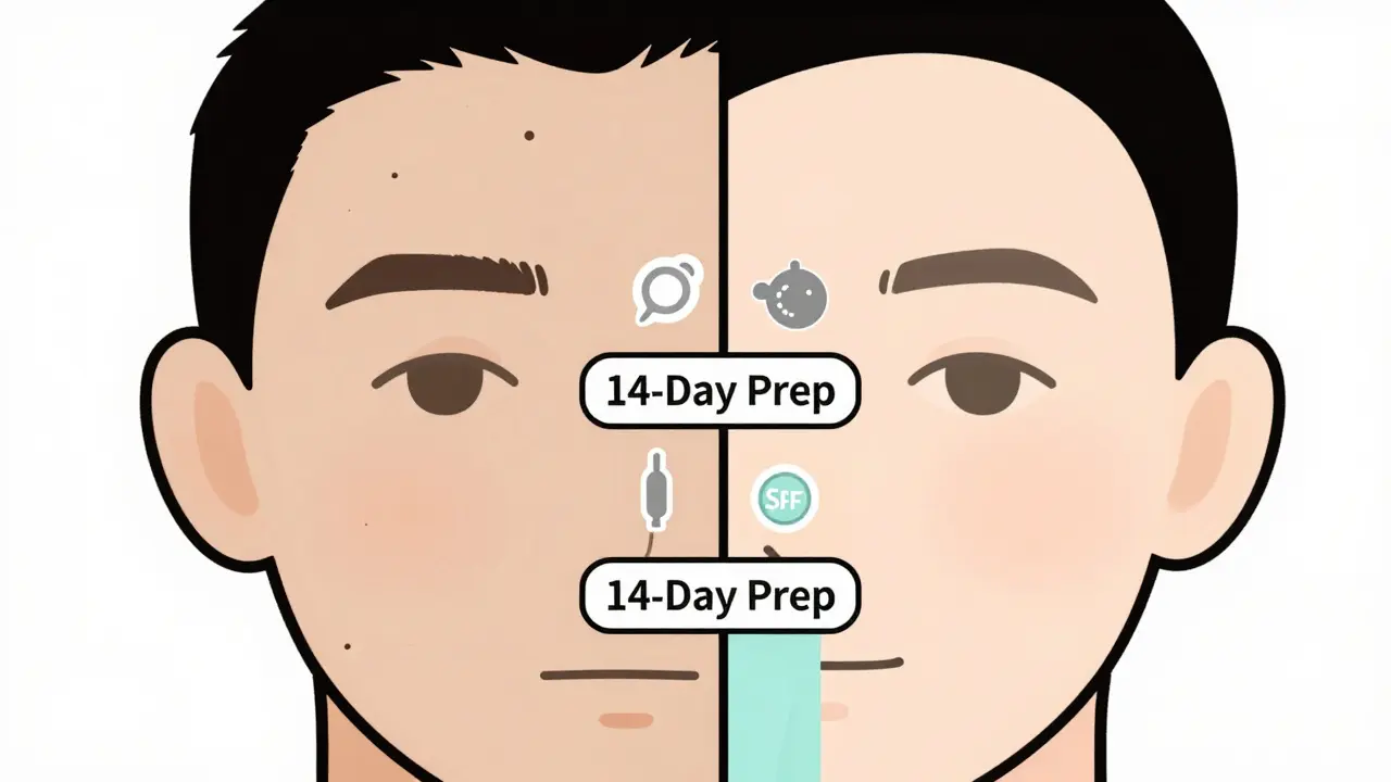 Сравнение неподготовленной и подготовленной кожи: одна сторона тусклая, другая — сияющая, соединённые мостом '14-дневная подготовка'.