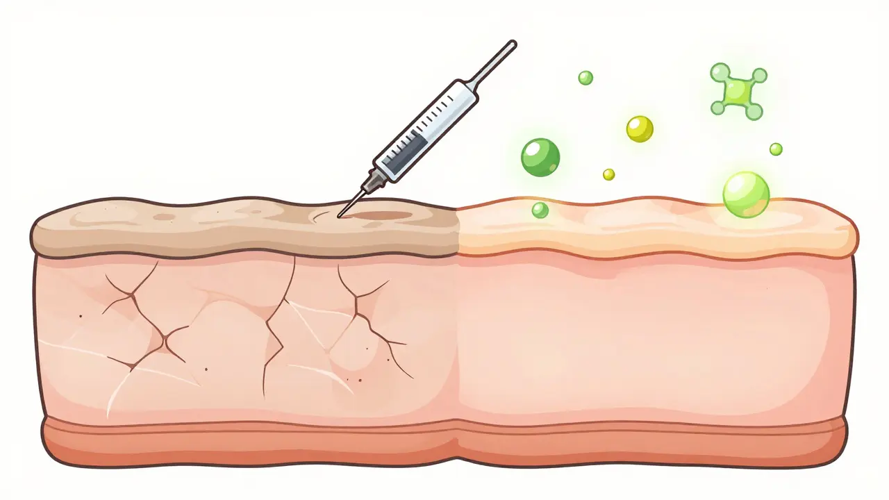 Сравнение сухой и увлажнённой кожи: старая кожа с трещинами и новая — с активными молекулами, стимулирующими коллаген.