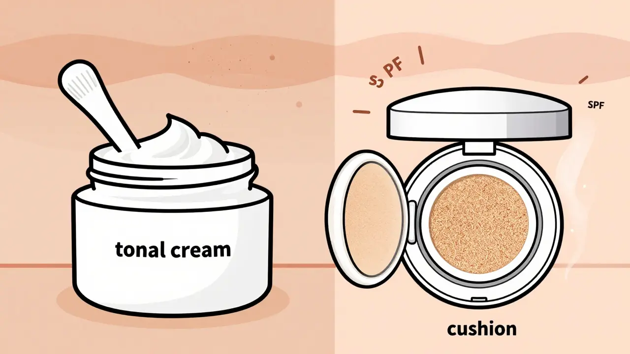 Сравнение тонального крема и кушона: один — тяжелый, другой — светящийся и легкий.