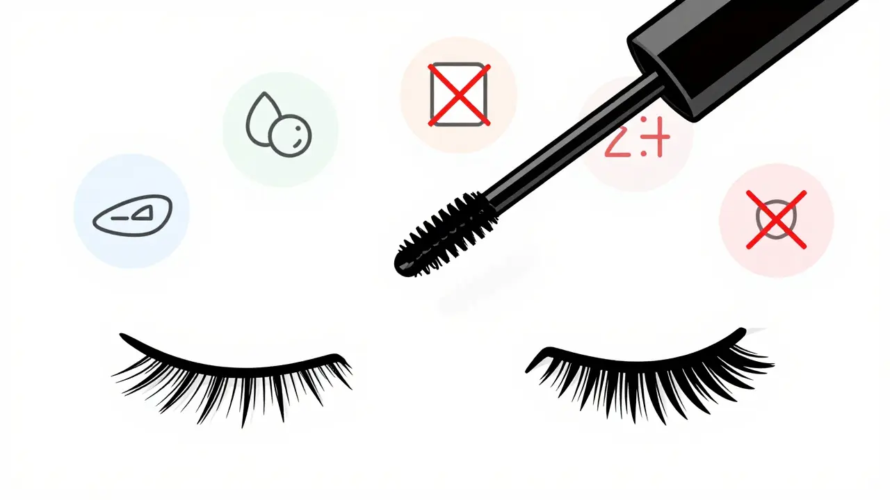 Сравнение здоровой и повреждённой ресницы с символами безопасных и вредных ингредиентов.