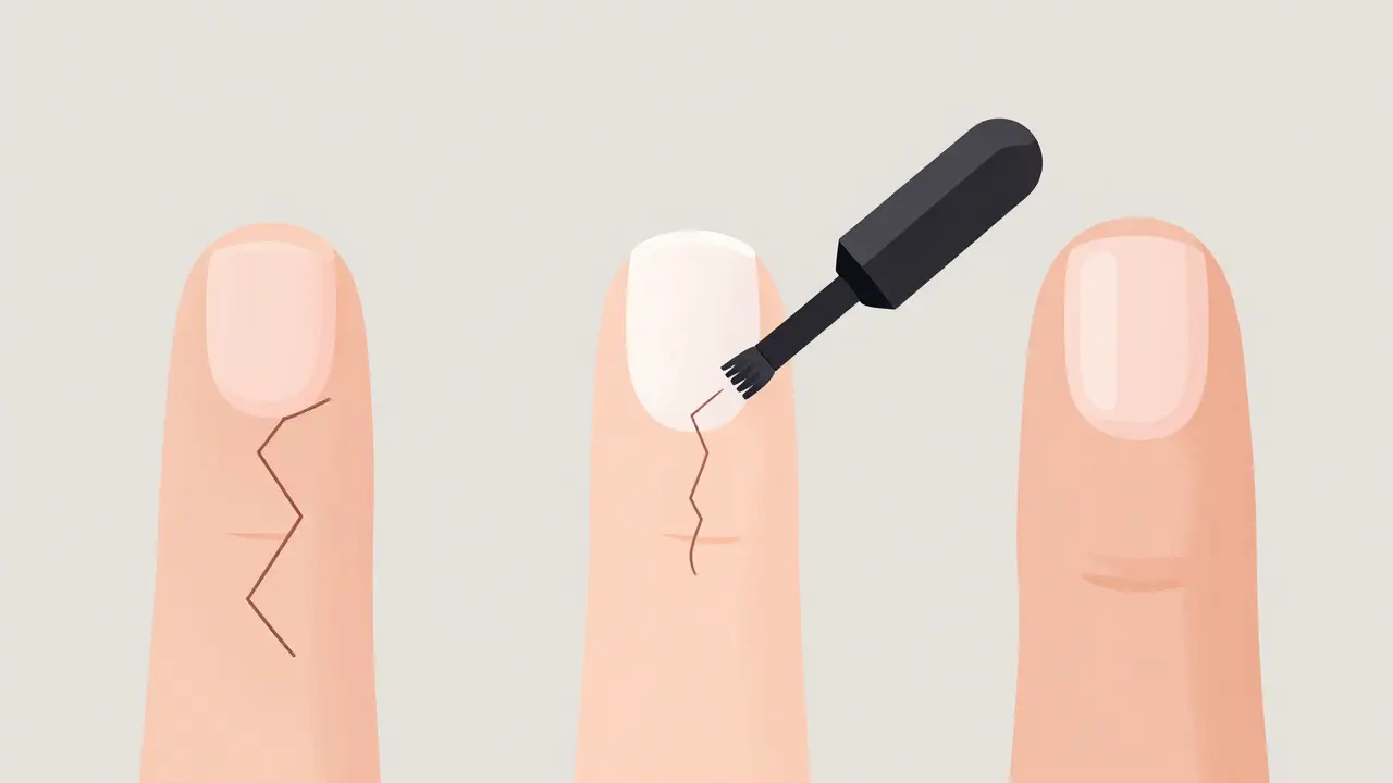 Стадии восстановления ногтя: до, во время и после применения биогеля, показанные в упрощенной иллюстрации.