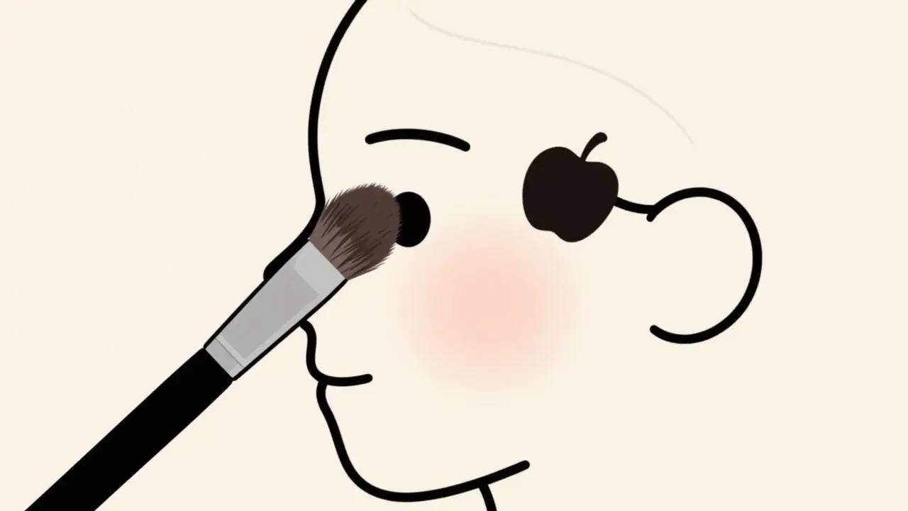 Техника нанесения румян на щеки кистью для естественного эффекта.