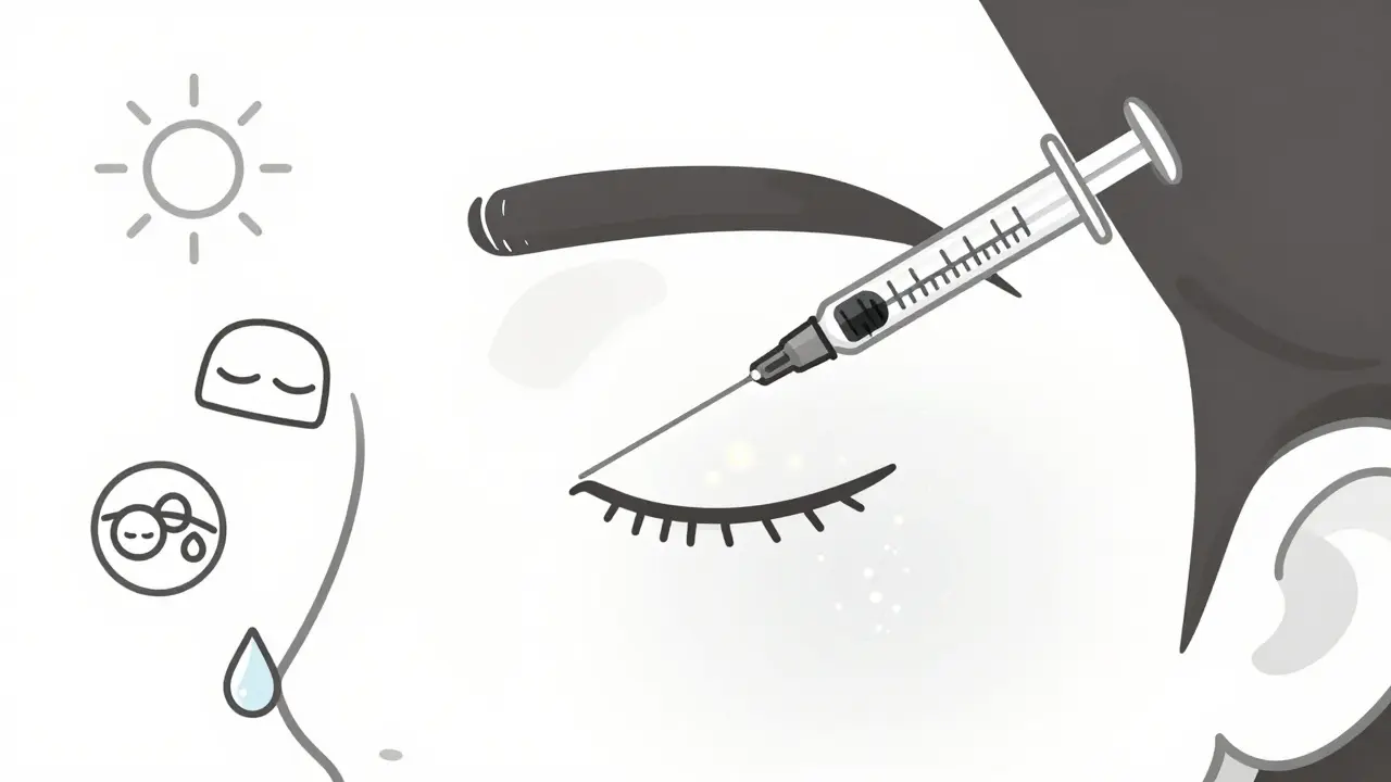 Тончайшая игла вводит лечебный коктейль под кожу вокруг глаз, сопровождаемый светящимися частицами восстановления.