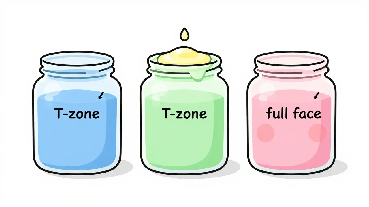 Три банки с разными глинами — синей, зеленой и розовой — каждая с указанием зоны применения и каплей масла жожоба.