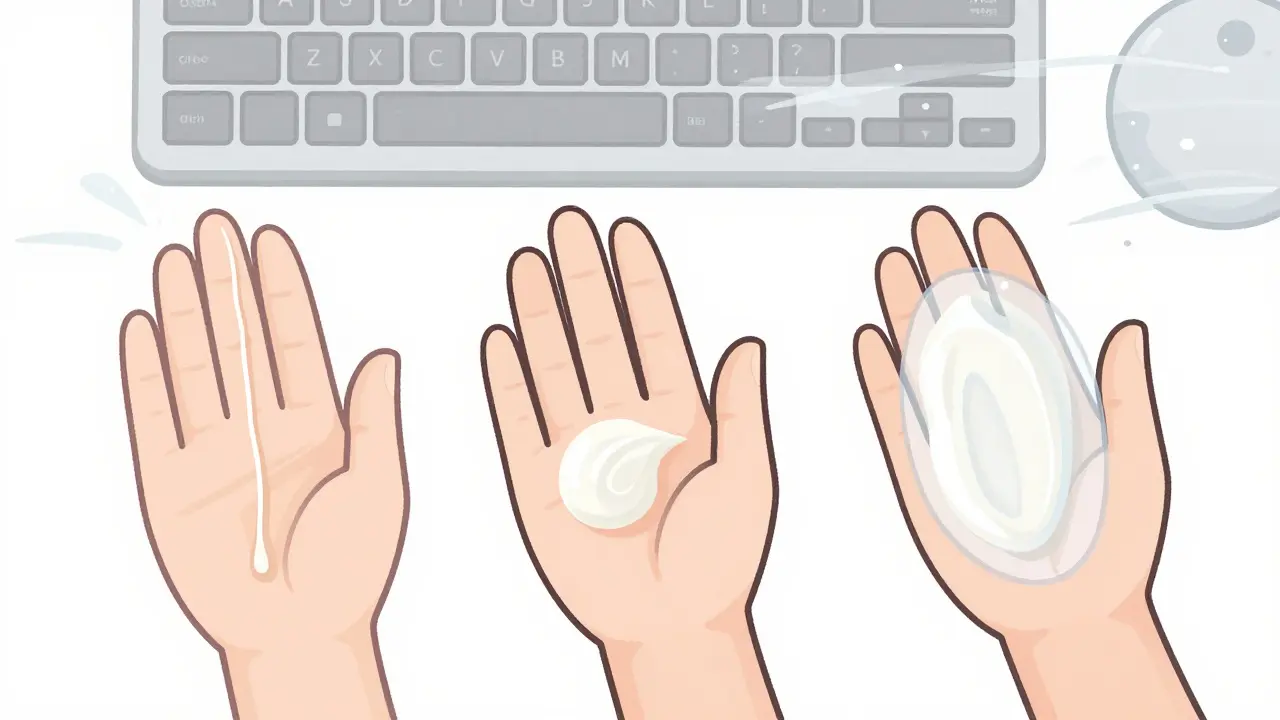 Три текстуры крема для рук: легкий, средний и плотный, с визуализацией их действия на коже.