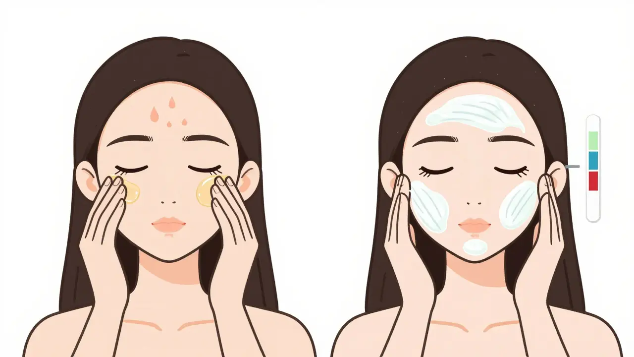 Уход за комбинированной кожей: гелевый увлажнитель для Т-зоны и крем для щек, с разными показателями pH на каждой стороне.