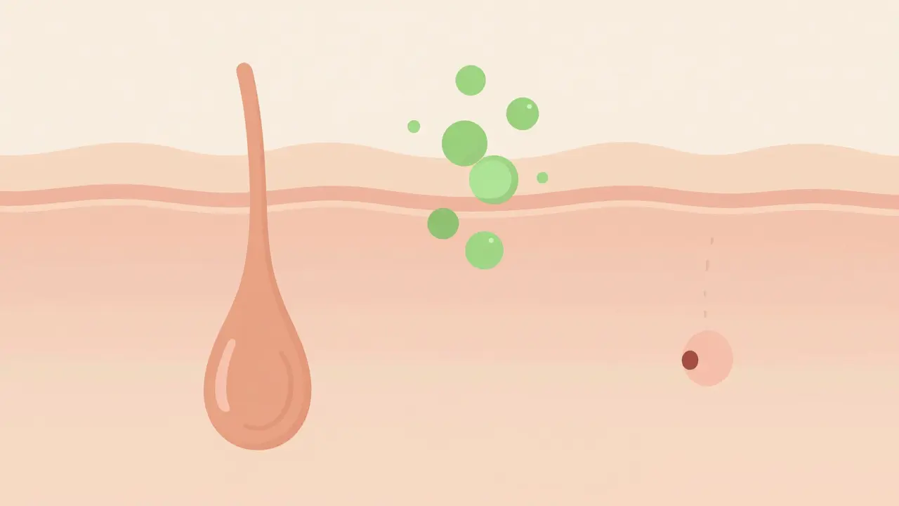 Упрощённое изображение кожи: избыток себума превращается в сбалансированные поры под действием зелёных молекул ниацинамида.