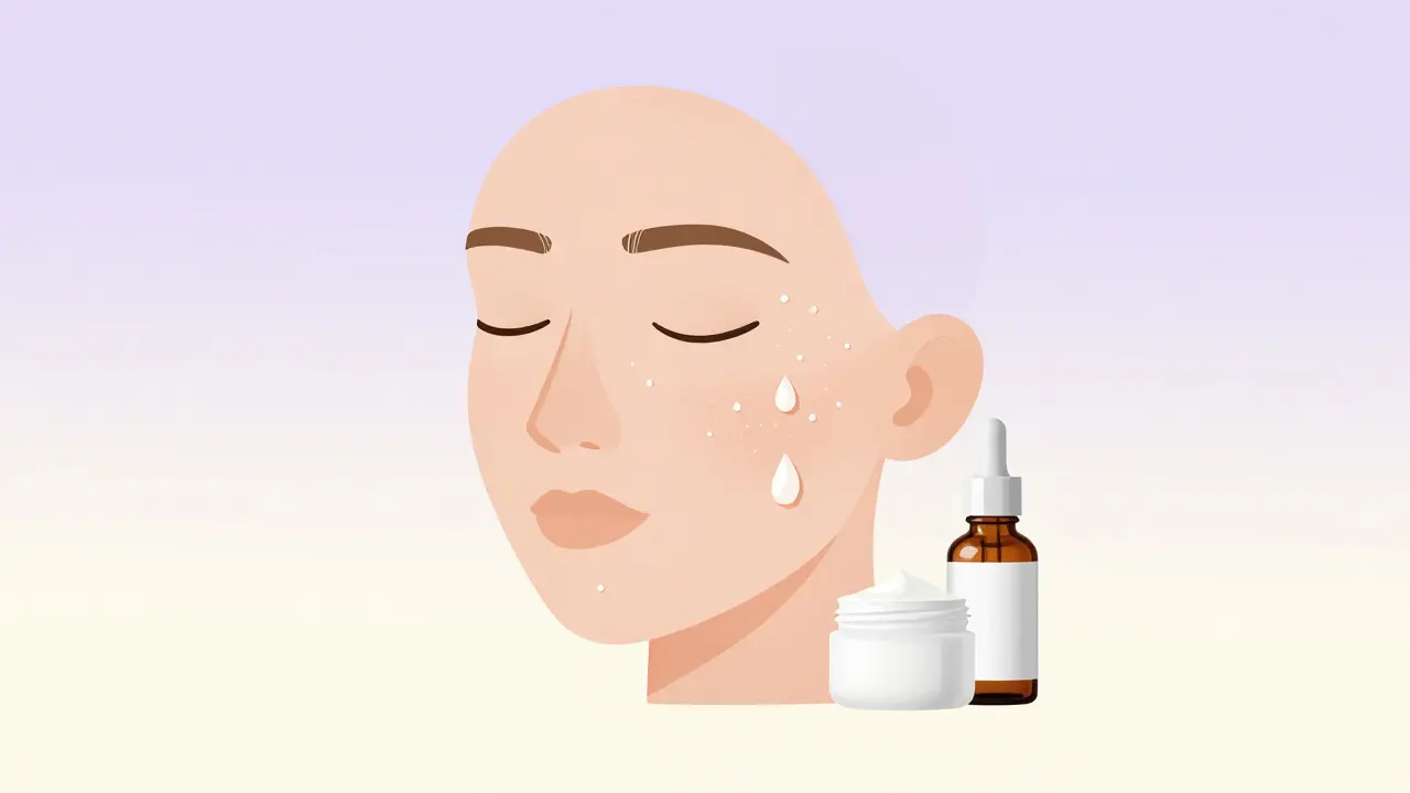 Увлажнённое лицо после маски с сывороткой и кремом, капля воды падает на щеку, спокойная атмосфера.