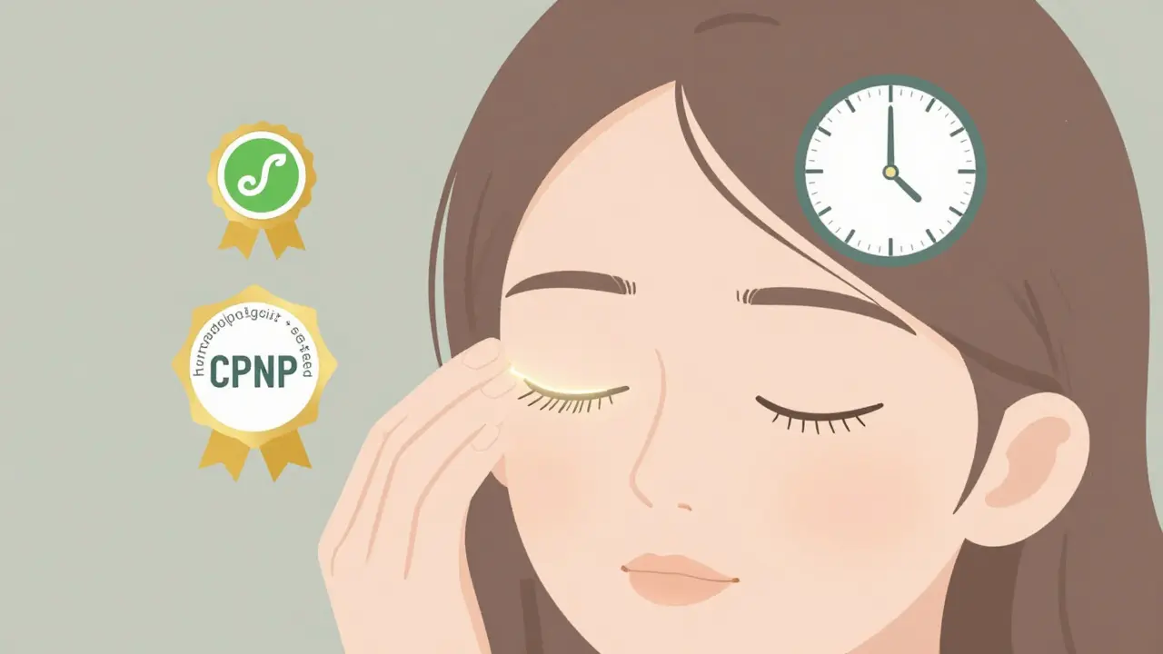 Закрытый глаз с линией сыворотки и значками сертификации, символизирующий уход за ресницами.