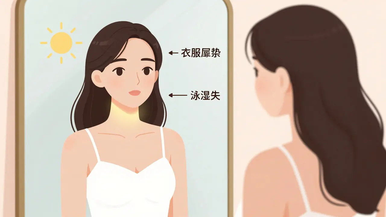 Женщина смотрит в зеркало: её отражение показывает омоложенную кожу шеи и декольте, а реальное тело — с признаками увядания.