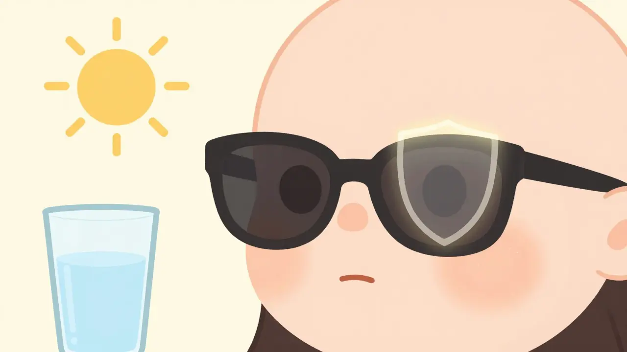 Девушка в солнцезащитных очках с сияющим защитным барьером вокруг глаз