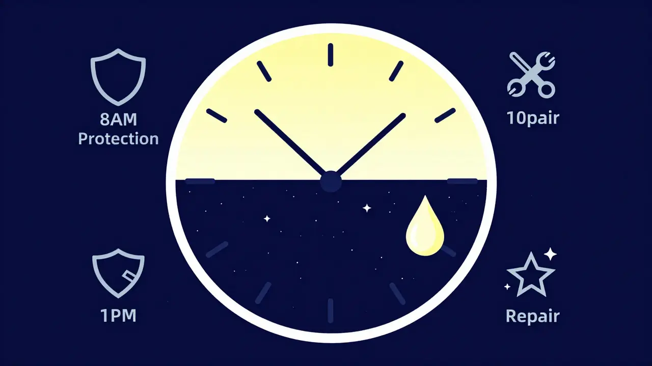 Концептуальные часы ухода за кожей: переход от защиты днем к регенерации ночью.