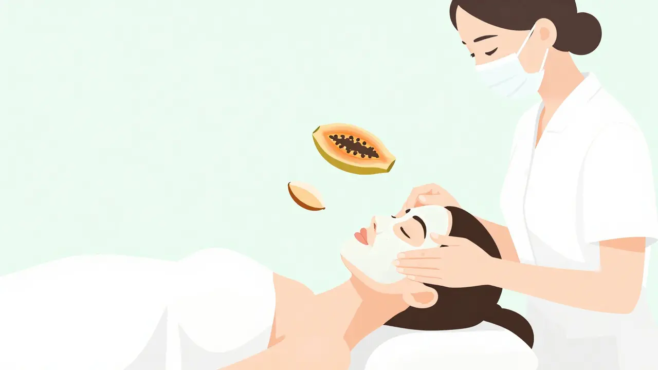 Косметолог делает мягкий пилинг лицу будущей матери в салоне