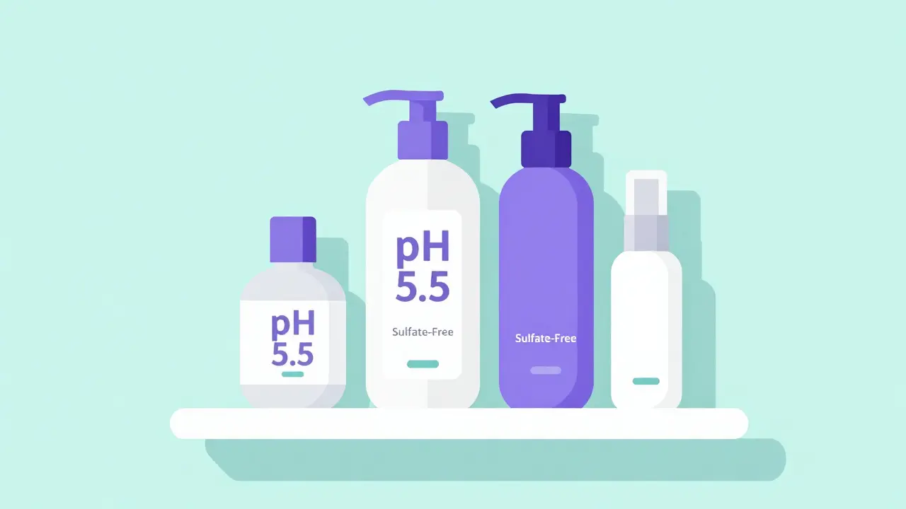 Набор бессульфатного шампуня с pH 5.5, фиолетового шампуня и термозащиты на полке.