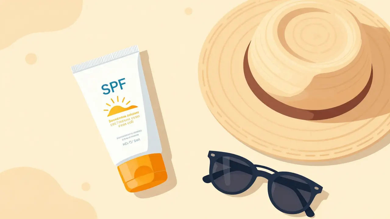 Набор для защиты от солнца: крем, широкополая шляпа и солнцезащитные очки