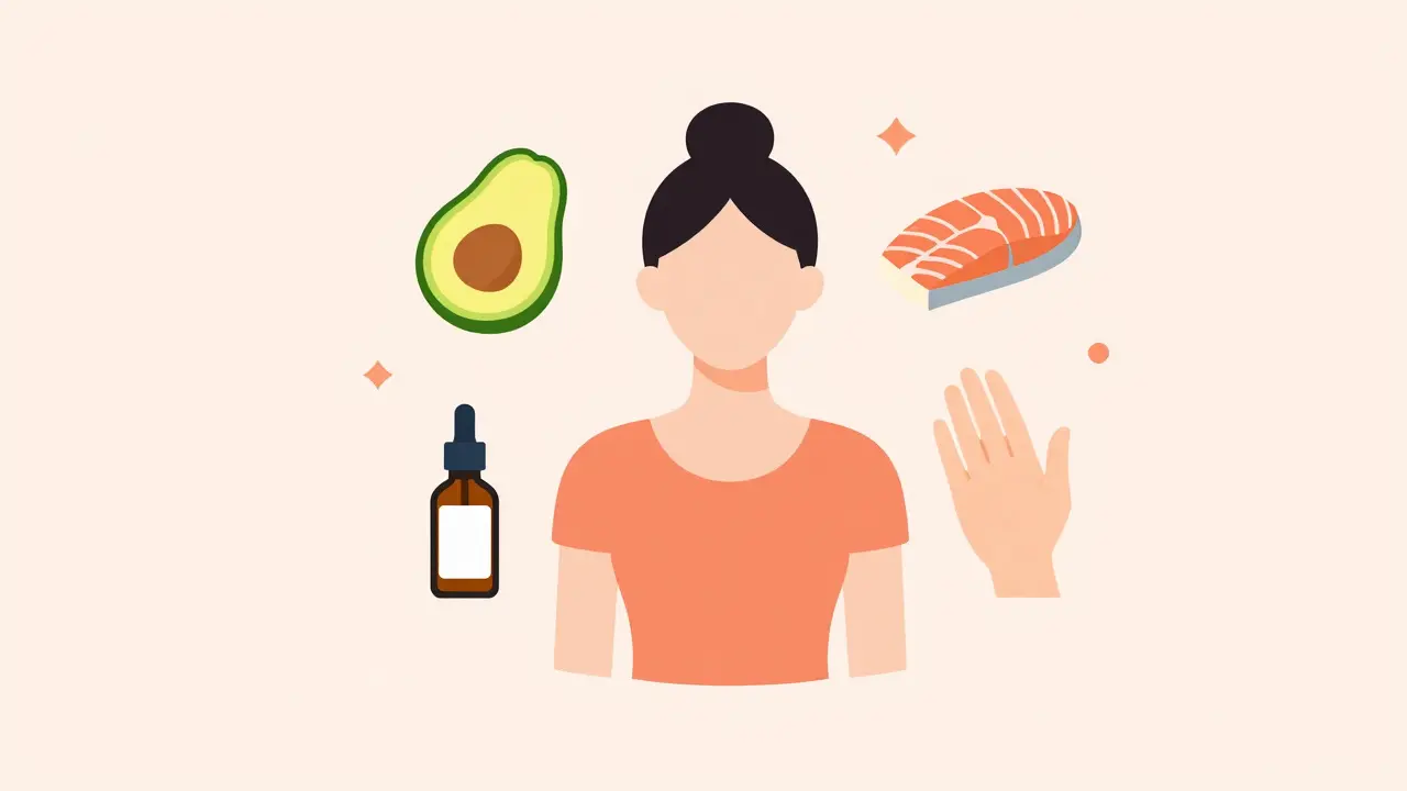 Набор элементов для ухода за собой: полезные жиры, сыворотка и фейсфитнес