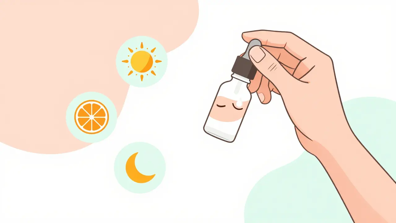 Процесс нанесения осветляющей сыворотки под глаза с символами защиты и сна