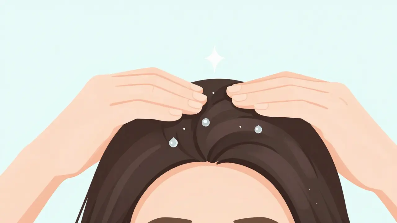 Процесс нанесения сыворотки для кожи головы и массаж