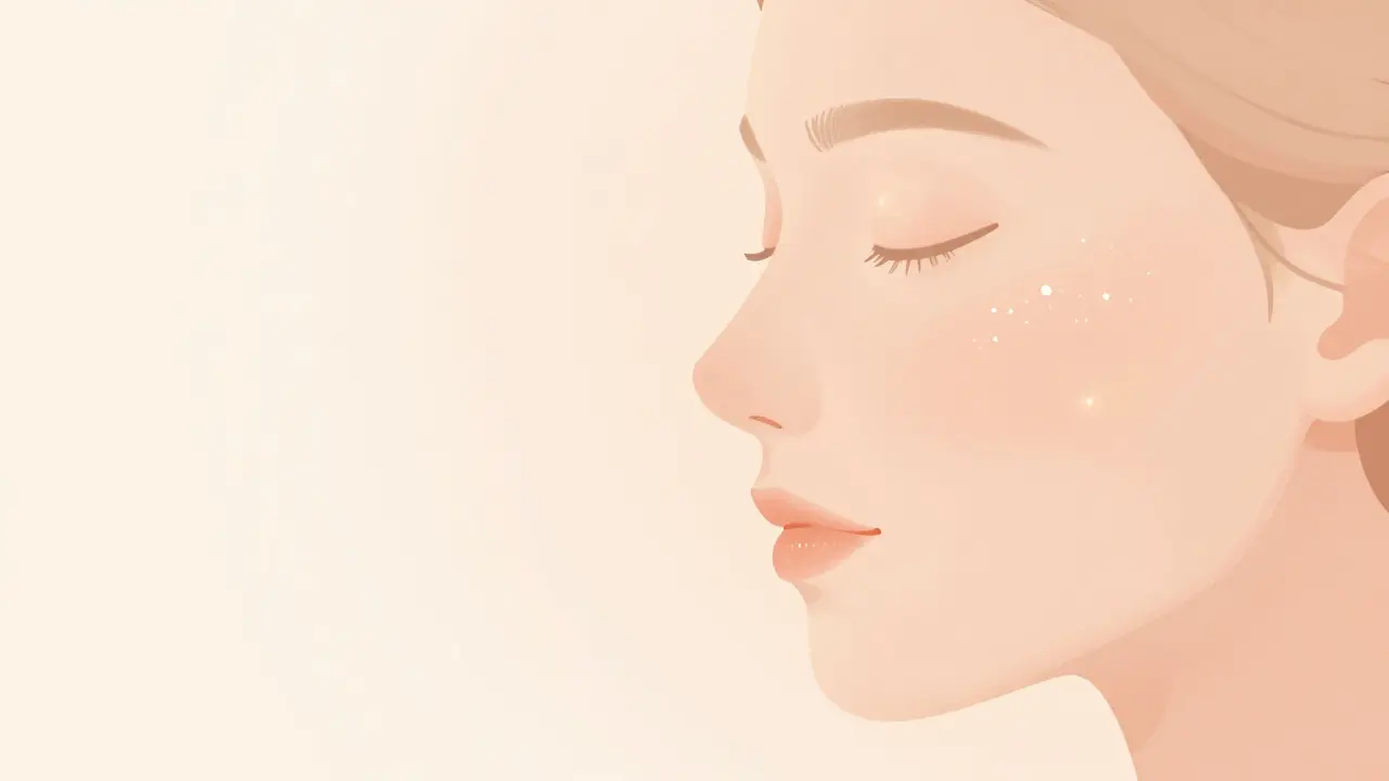 Профиль женщины с сияющей, упругой и обновленной кожей лица