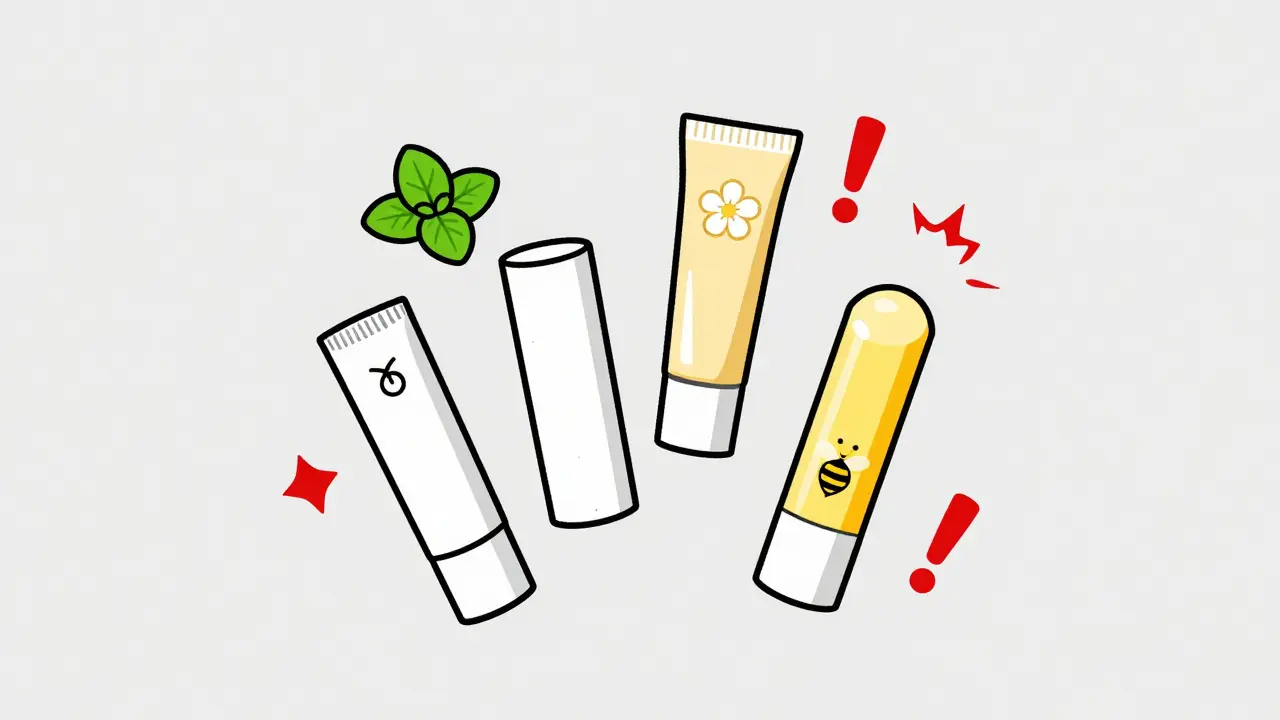 Различные тюбики бальзама для губ с символами аллергенов