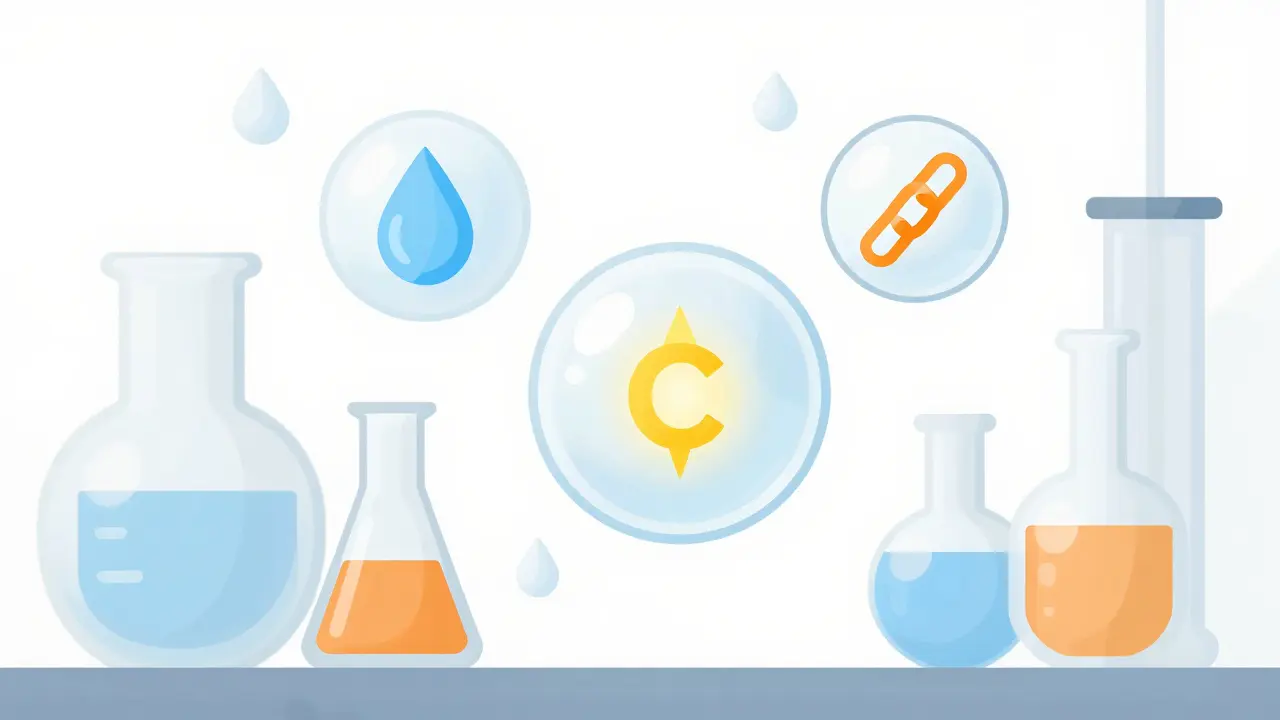 Схематичное изображение активных компонентов косметики: гиалуроновой кислоты, витамина С и пептидов