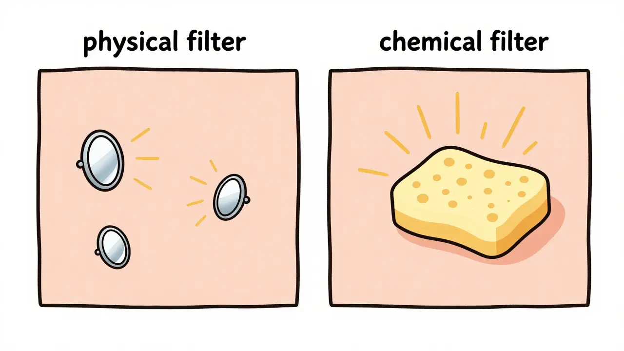 Схематичное изображение работы физических и химических SPF-фильтров