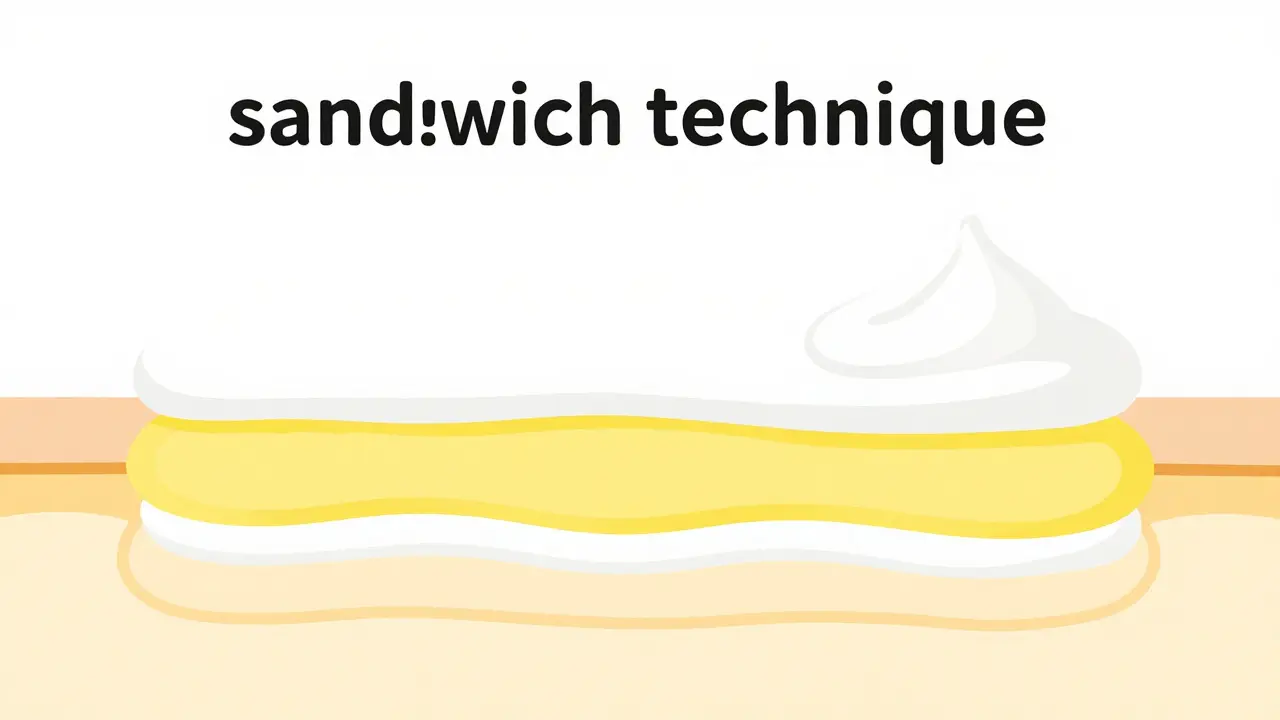 Схематичное изображение техники сэндвича при нанесении крема