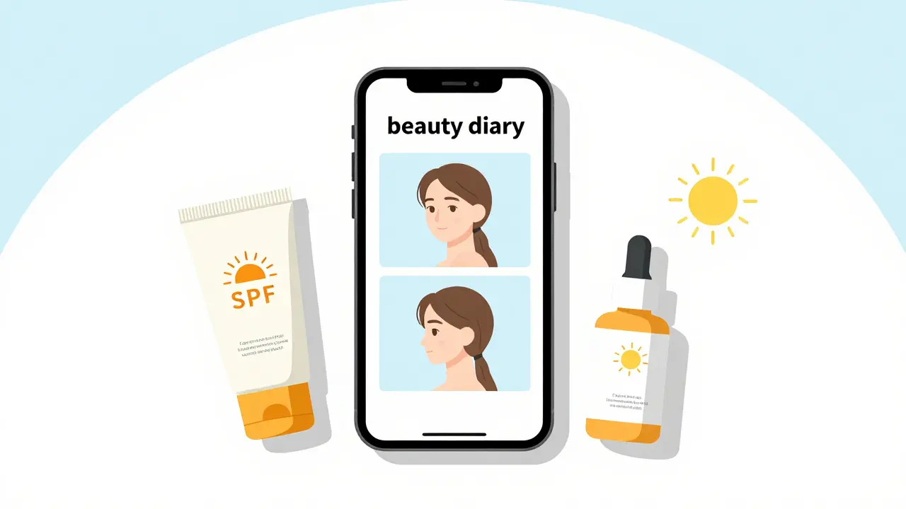 Смартфон с фото-фиксацией кожи, сыворотка и солнцезащитный крем на столе