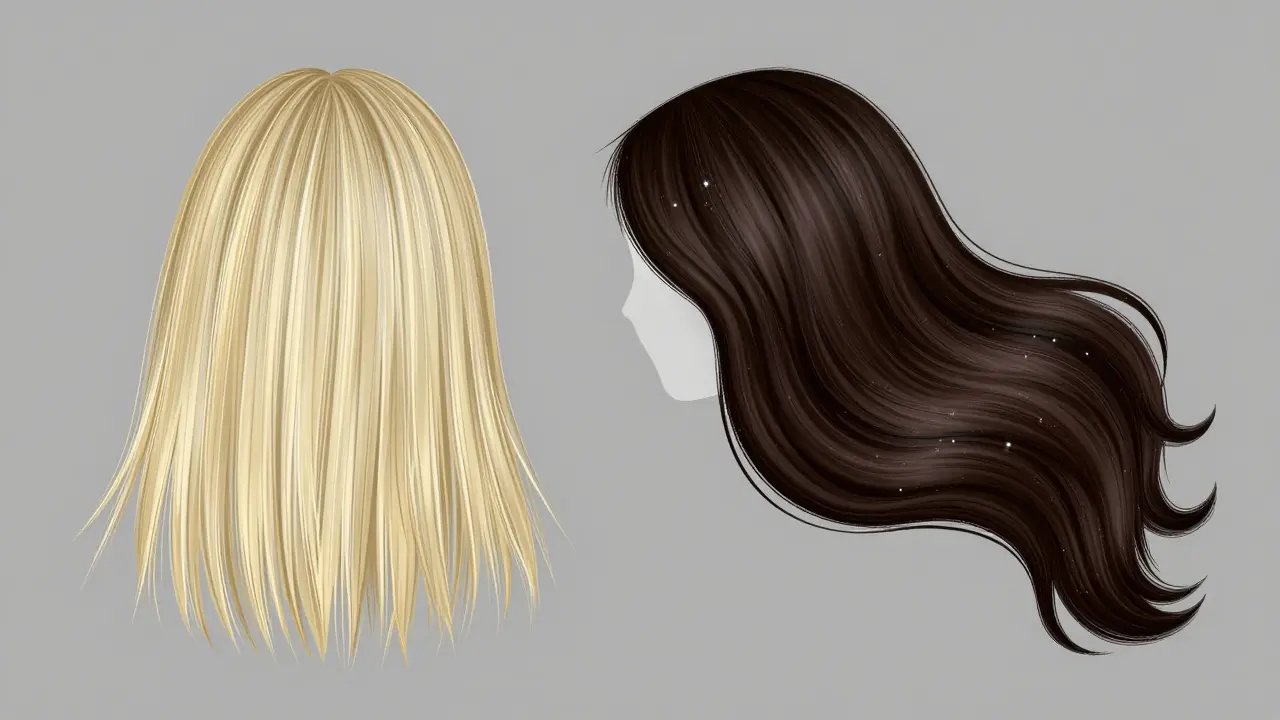 Сравнение тусклых поврежденных волос и здоровых волос с насыщенным цветом и блеском