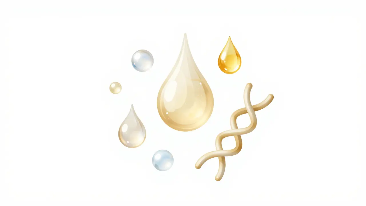 Стилизованные капли гиалуроновой кислоты, масел и молекулы кератина
