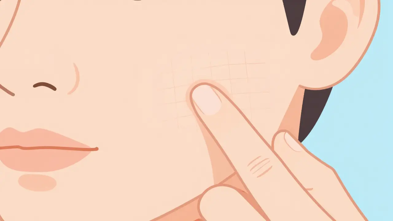 Тест на упругость кожи: пальцы оттягивают кожу щеки, видна сеточка морщинок