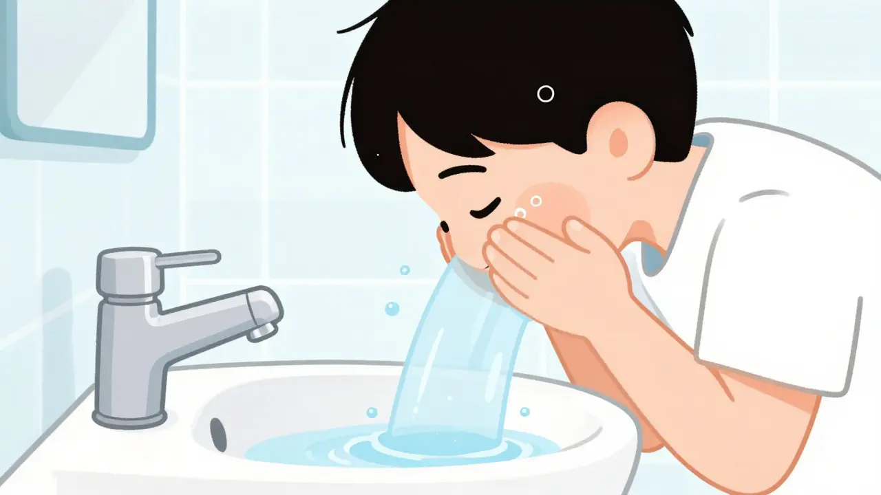 Умывание лица водой и пенкой для финального очищения кожи.