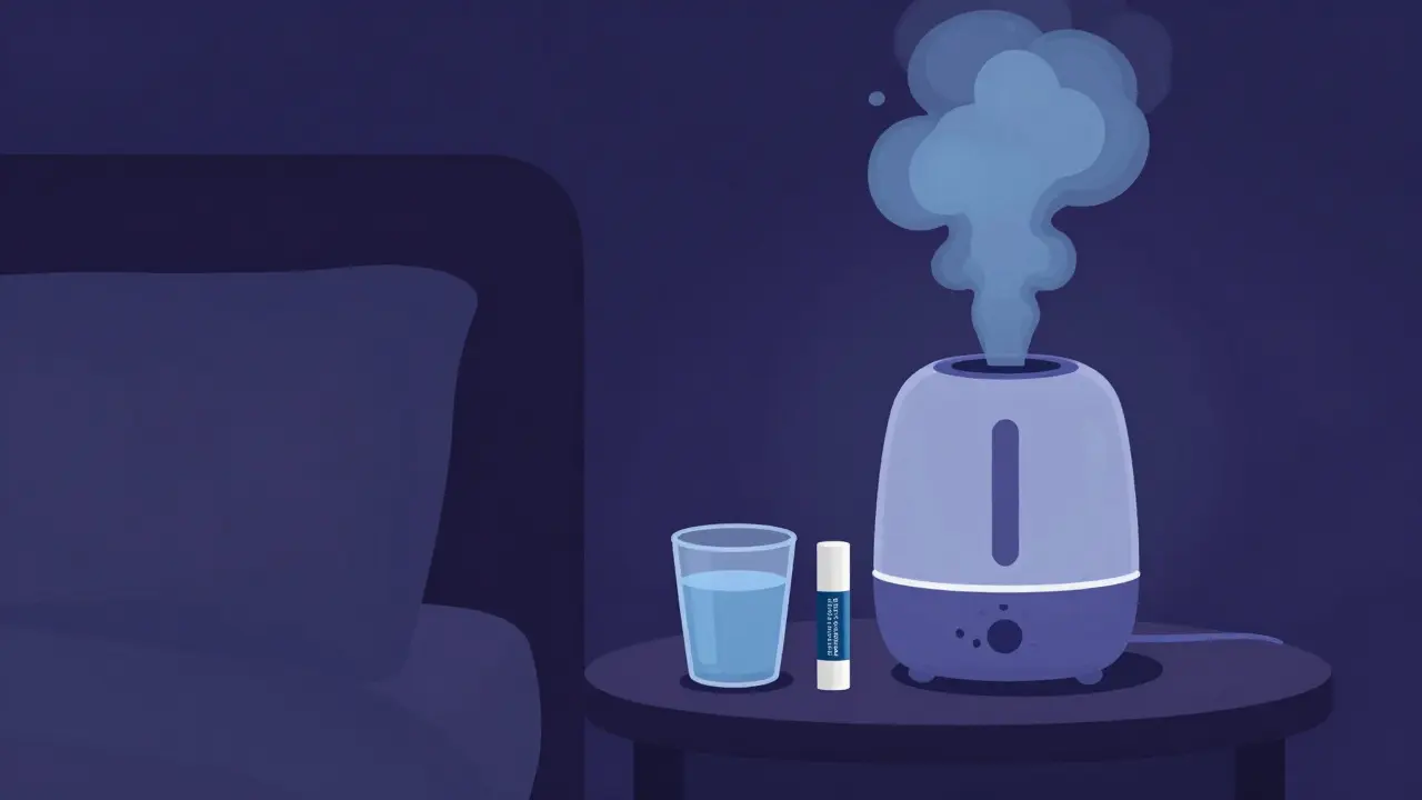 Увлажнитель воздуха и стакан воды у кровати в минималистичном стиле