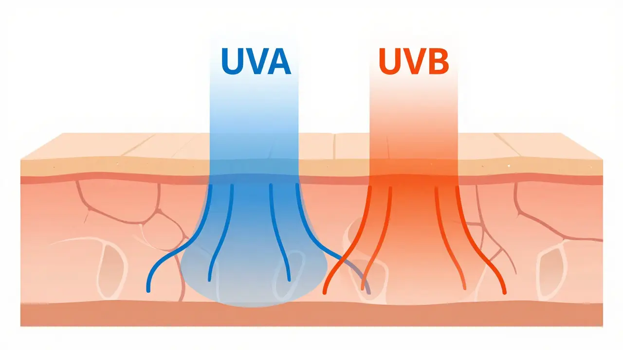 Схема воздействия UVA и UVB лучей на слои кожи