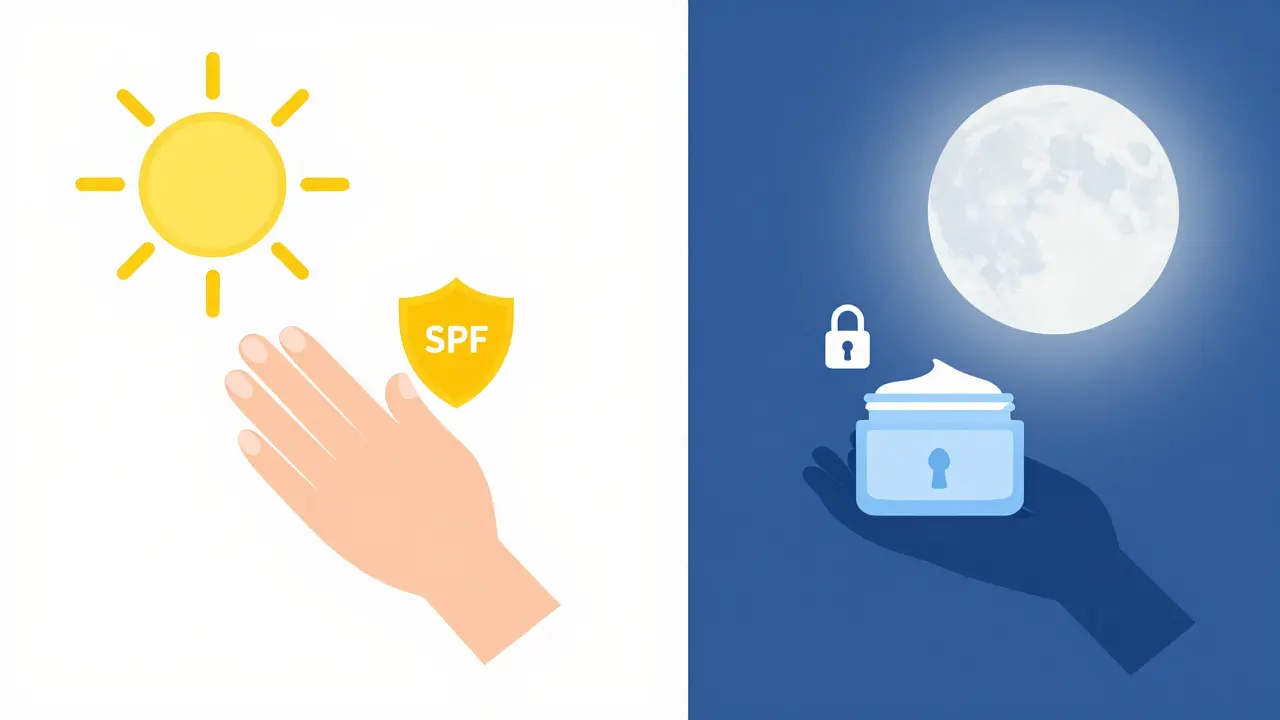 Схематичное сравнение утреннего ухода с SPF и вечернего восстановления для декольте